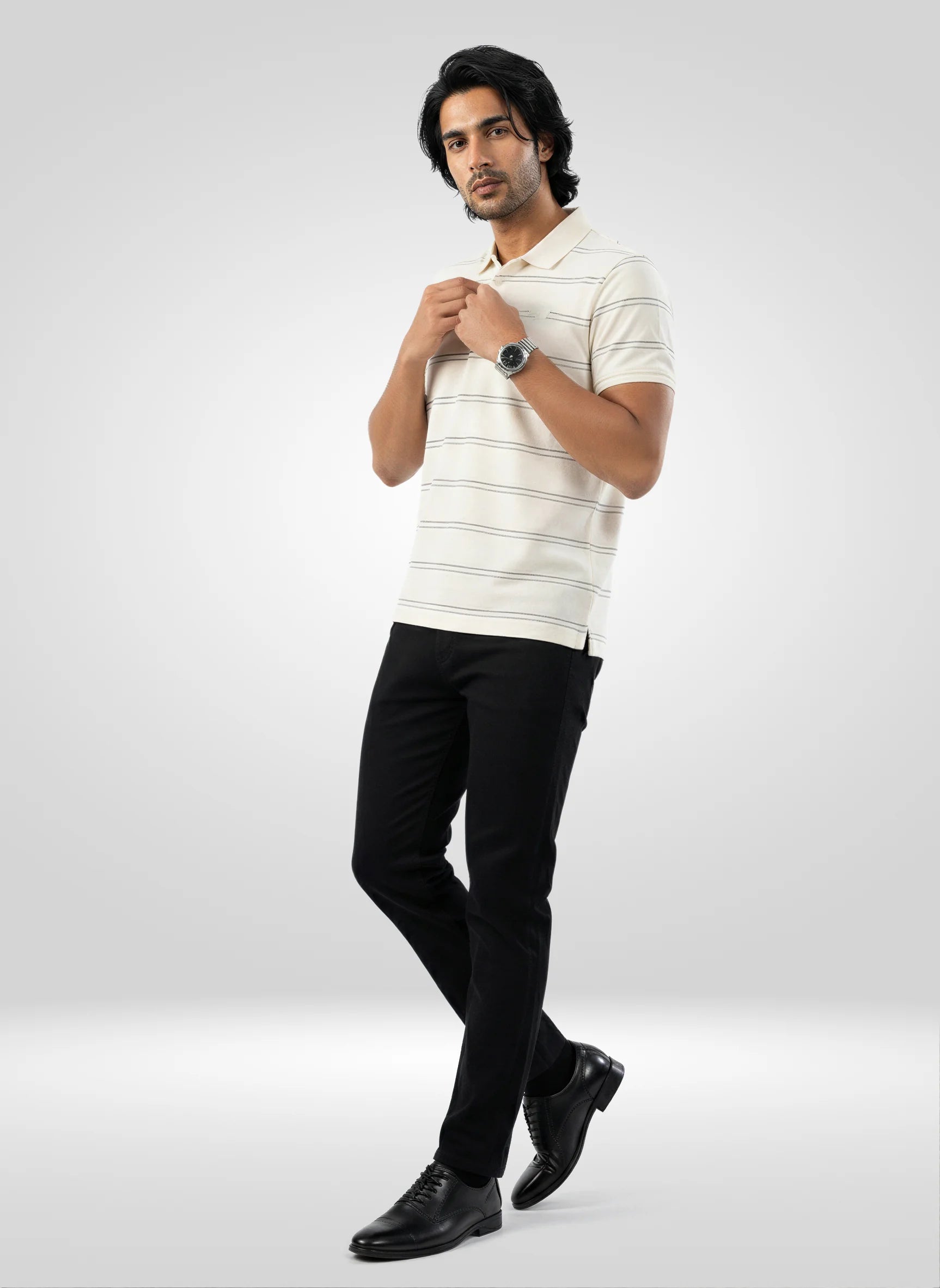 Men T-Shirt Stripe Off White Regular Fit