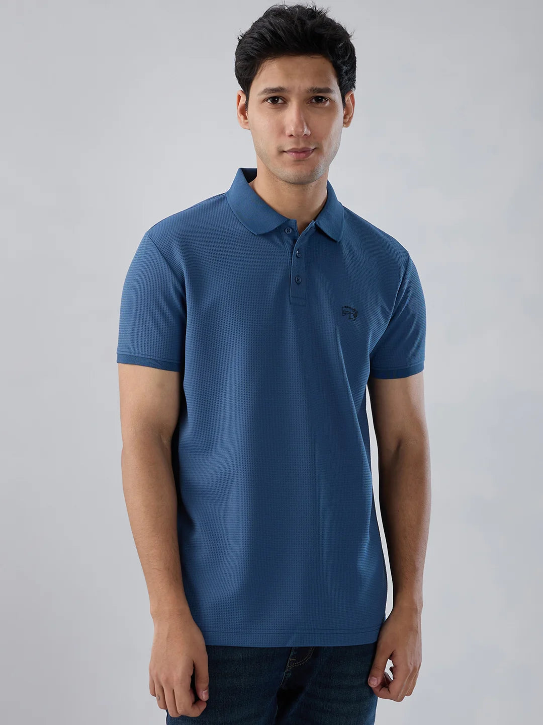Men T-Shirt Textured Blue Regular Fit