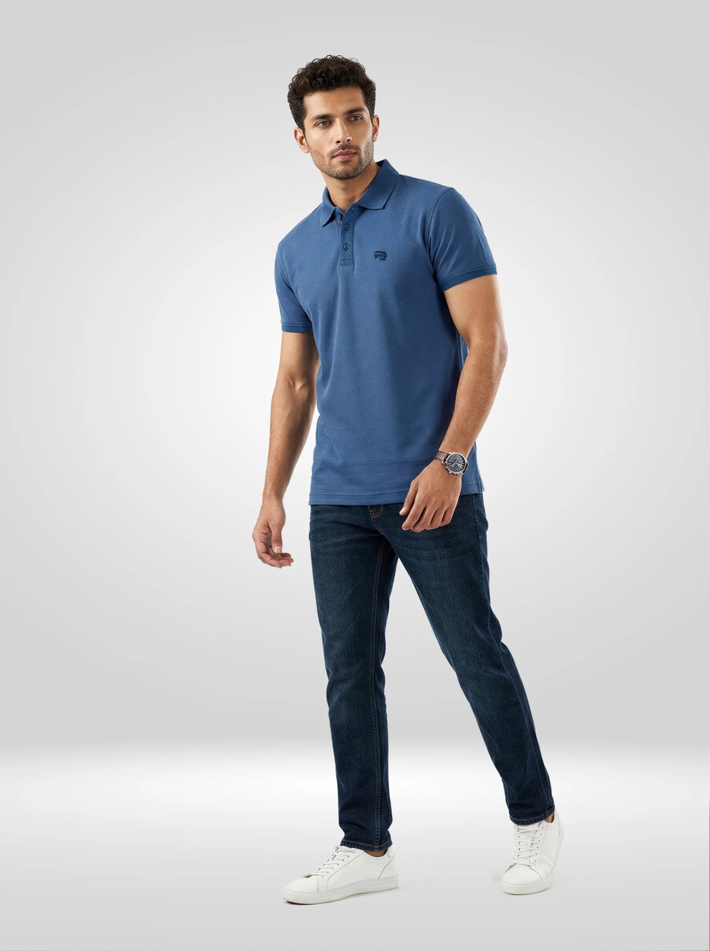 Men T-Shirt Textured Blue Regular Fit