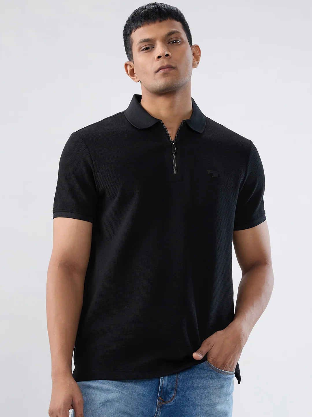 Men T-Shirt Textured Black Regular Fit