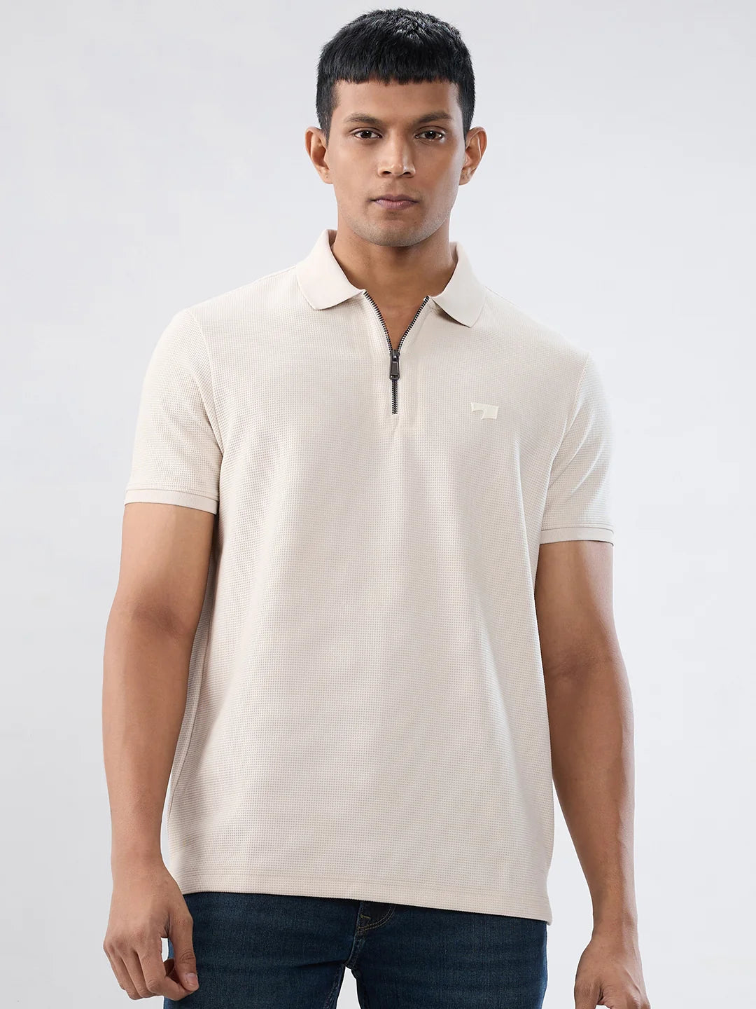 Men T-Shirt Textured Off White Regular Fit