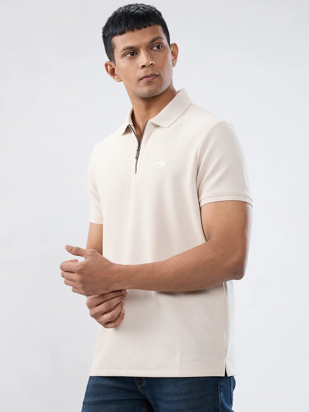 Men T-Shirt Textured Off White Regular Fit