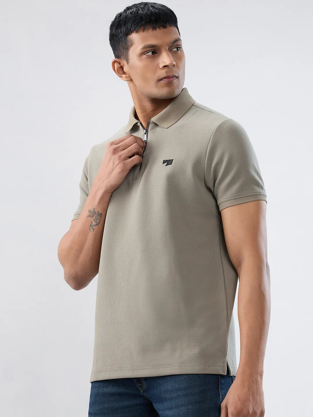 Men T-Shirt Textured Green Regular Fit