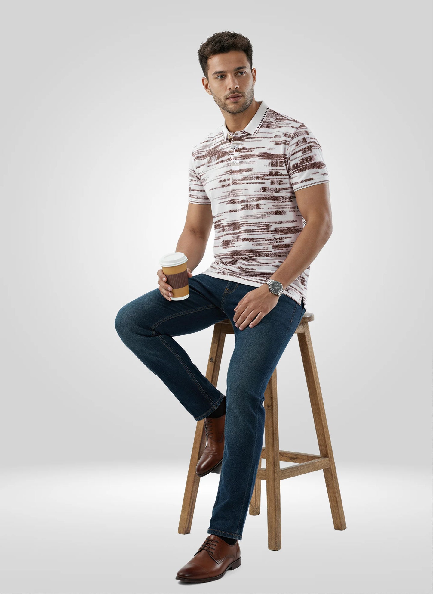 Men T-Shirt Print Brown Regular Fit