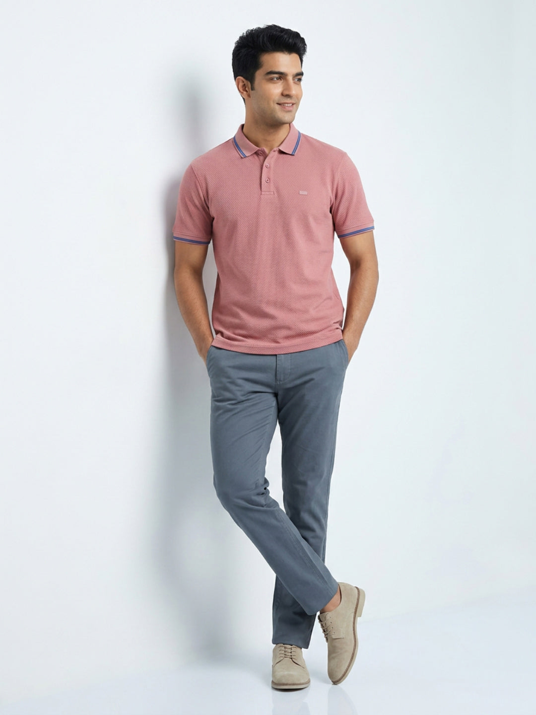 Men T-Shirt Textured Pink Regular Fit