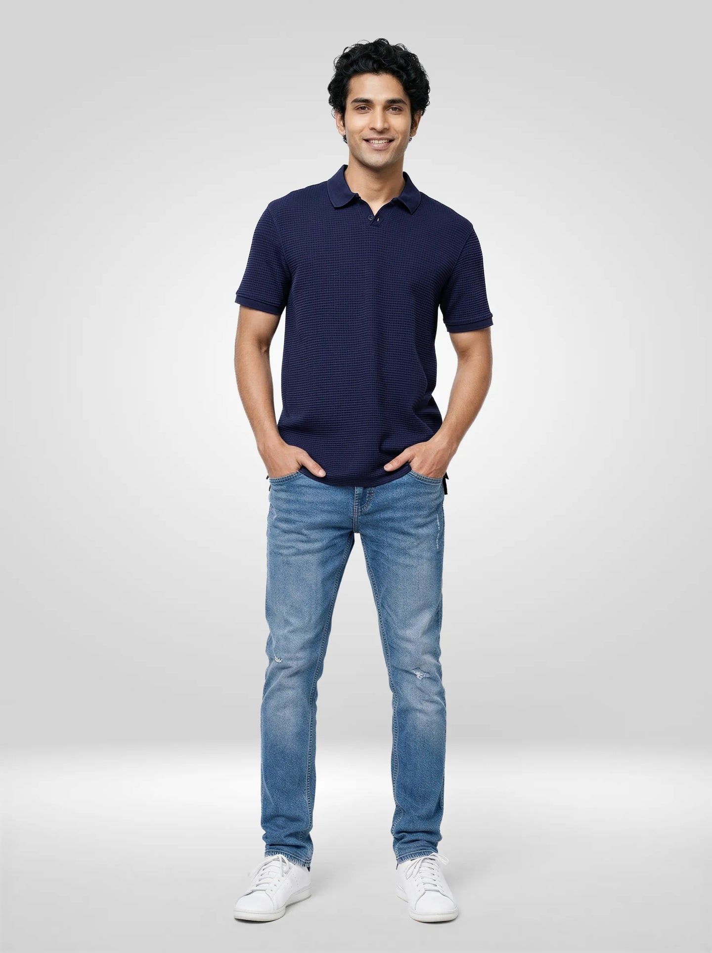 Men T-Shirt Textured Blue Regular Fit