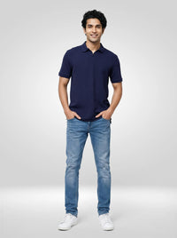 Men T-Shirt Textured Blue Regular Fit