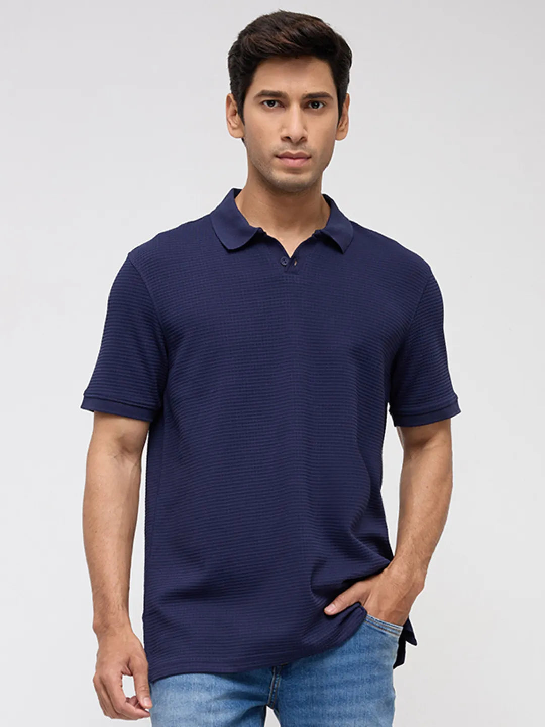 Men T-Shirt Textured Blue Regular Fit