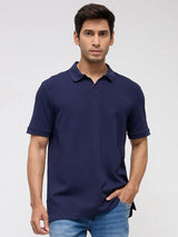Men T-Shirt Textured Blue Regular Fit