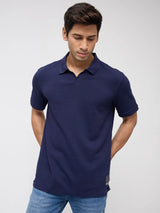 Men T-Shirt Textured Blue Regular Fit