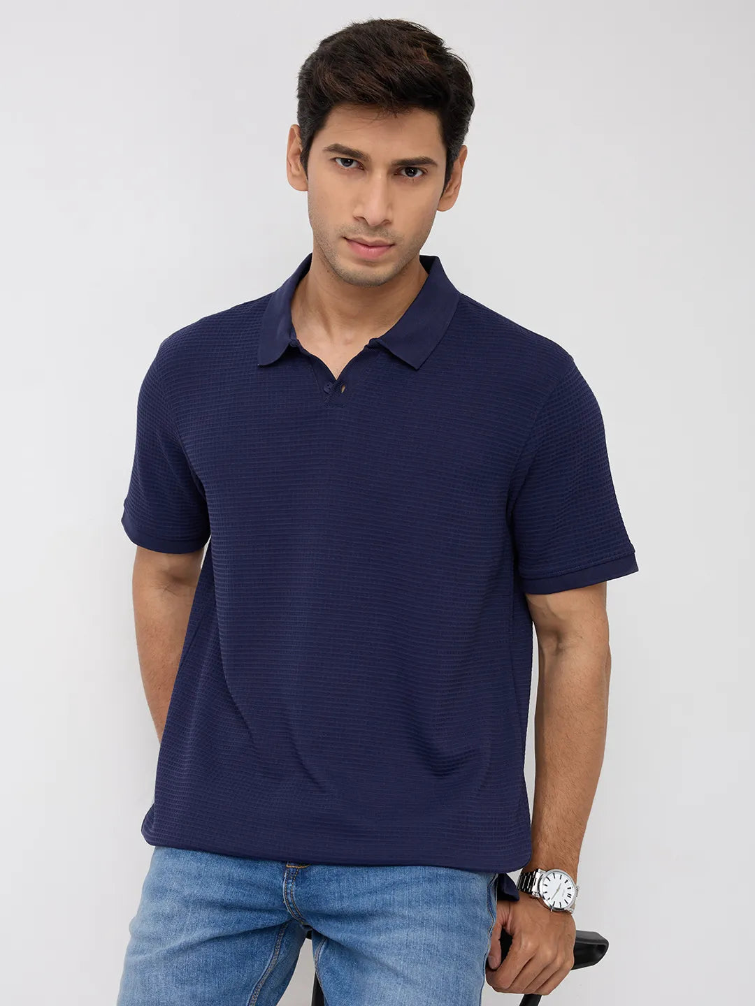 Men T-Shirt Textured Blue Regular Fit