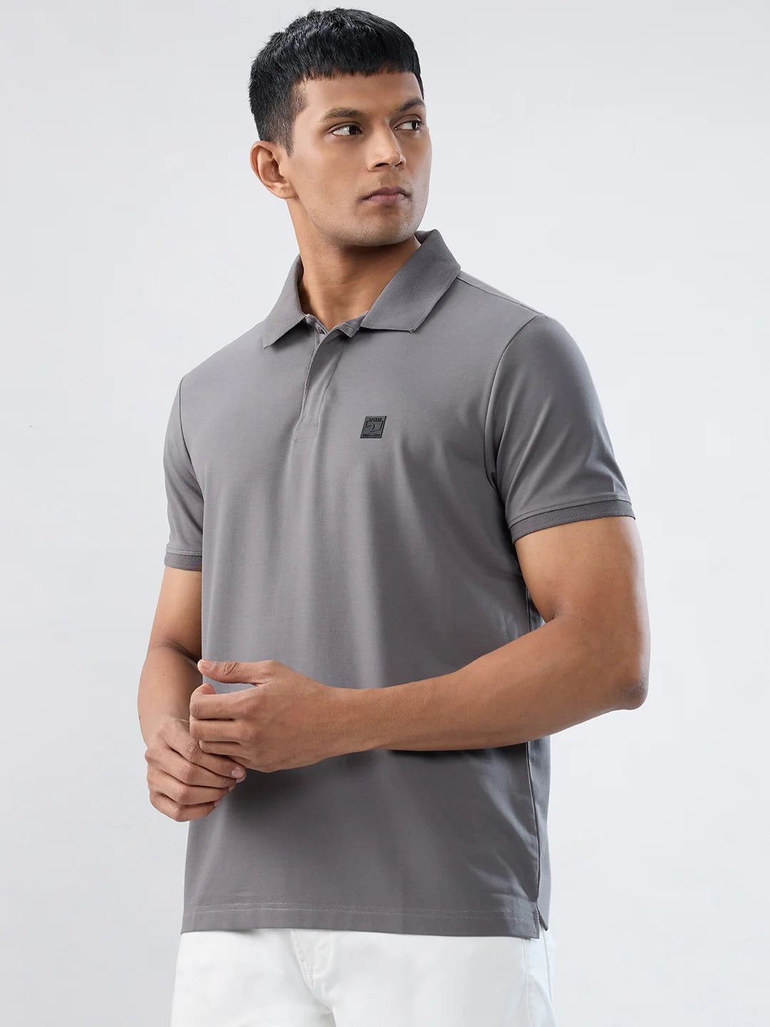 Men T-Shirt Solid Grey Regular Fit