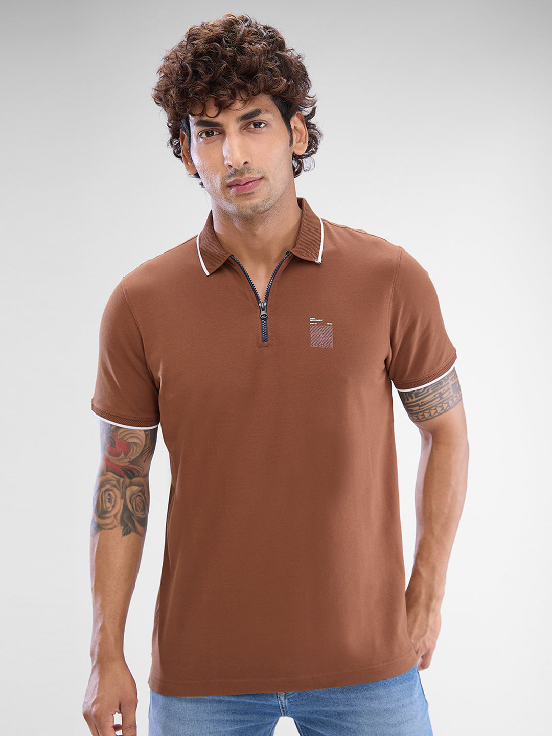 Spykar Bison Brown Cotton Half Sleeve  Tshirt For Men