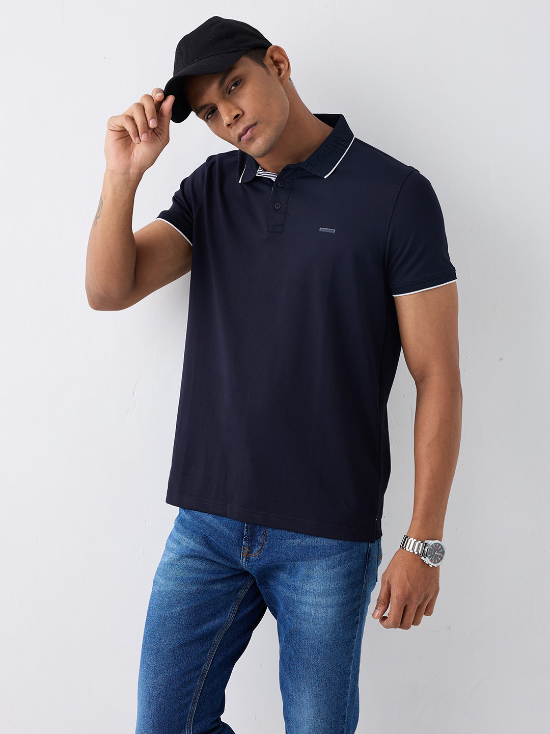 Spykar Navy Blue Slim Fit Casual T-Shirts For Men