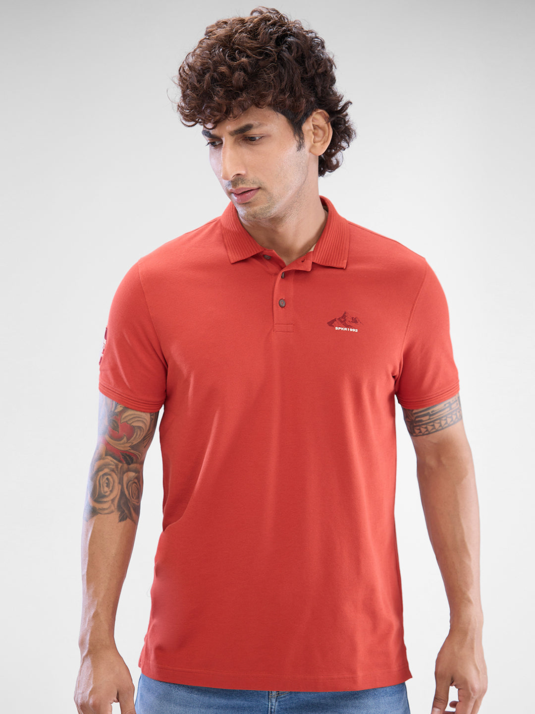 Spykar Burnt Orange Cotton Half Sleeve  Tshirt For Men