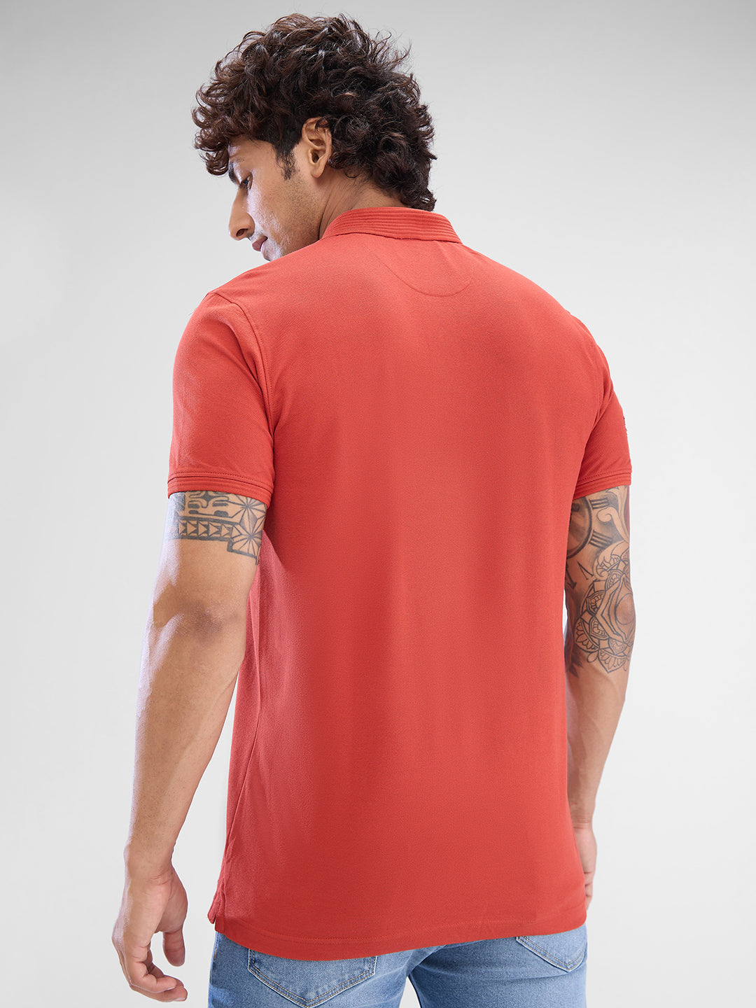 Spykar Burnt Orange Cotton Half Sleeve  Tshirt For Men