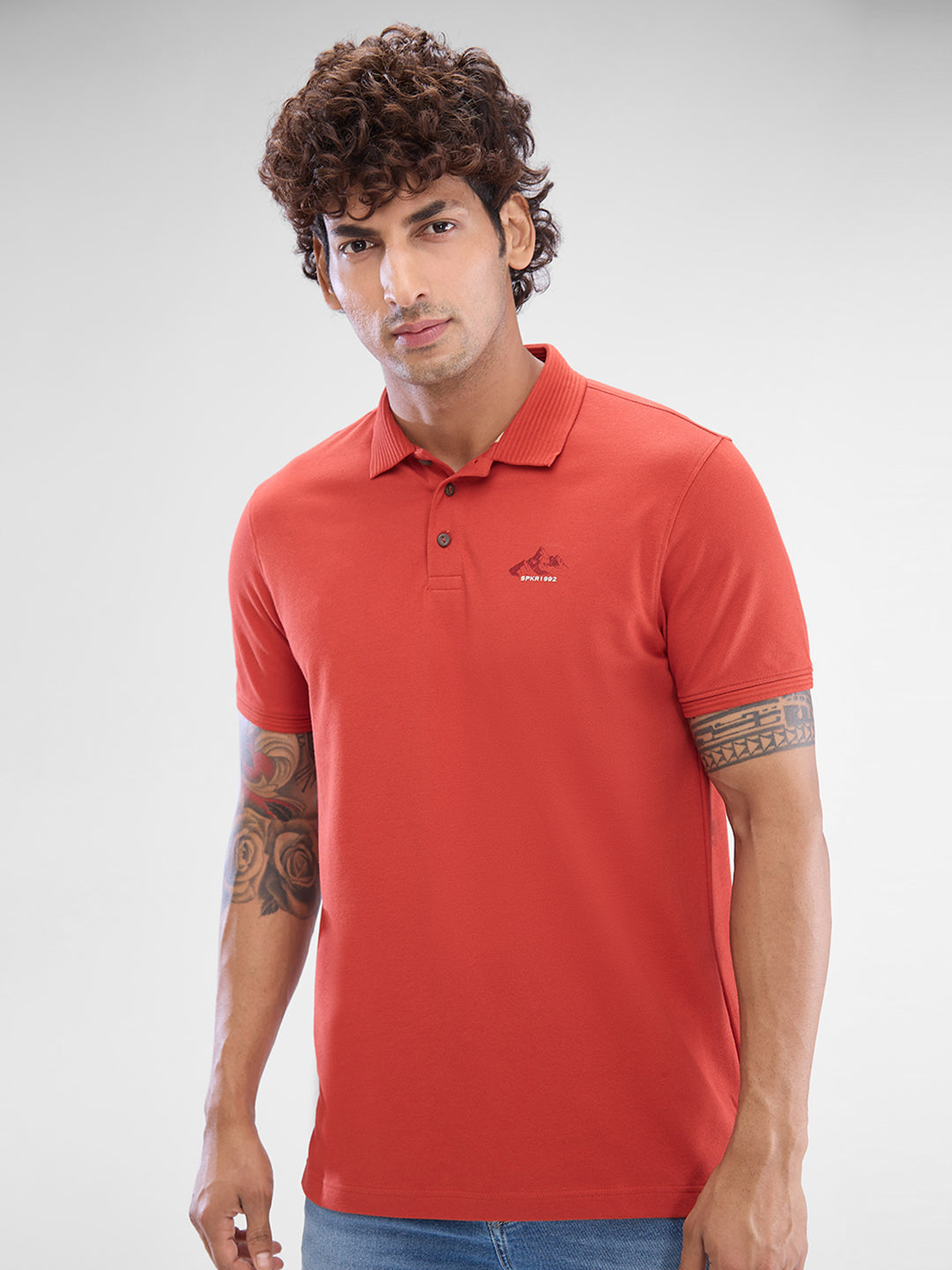 Spykar Burnt Orange Cotton Half Sleeve  Tshirt For Men