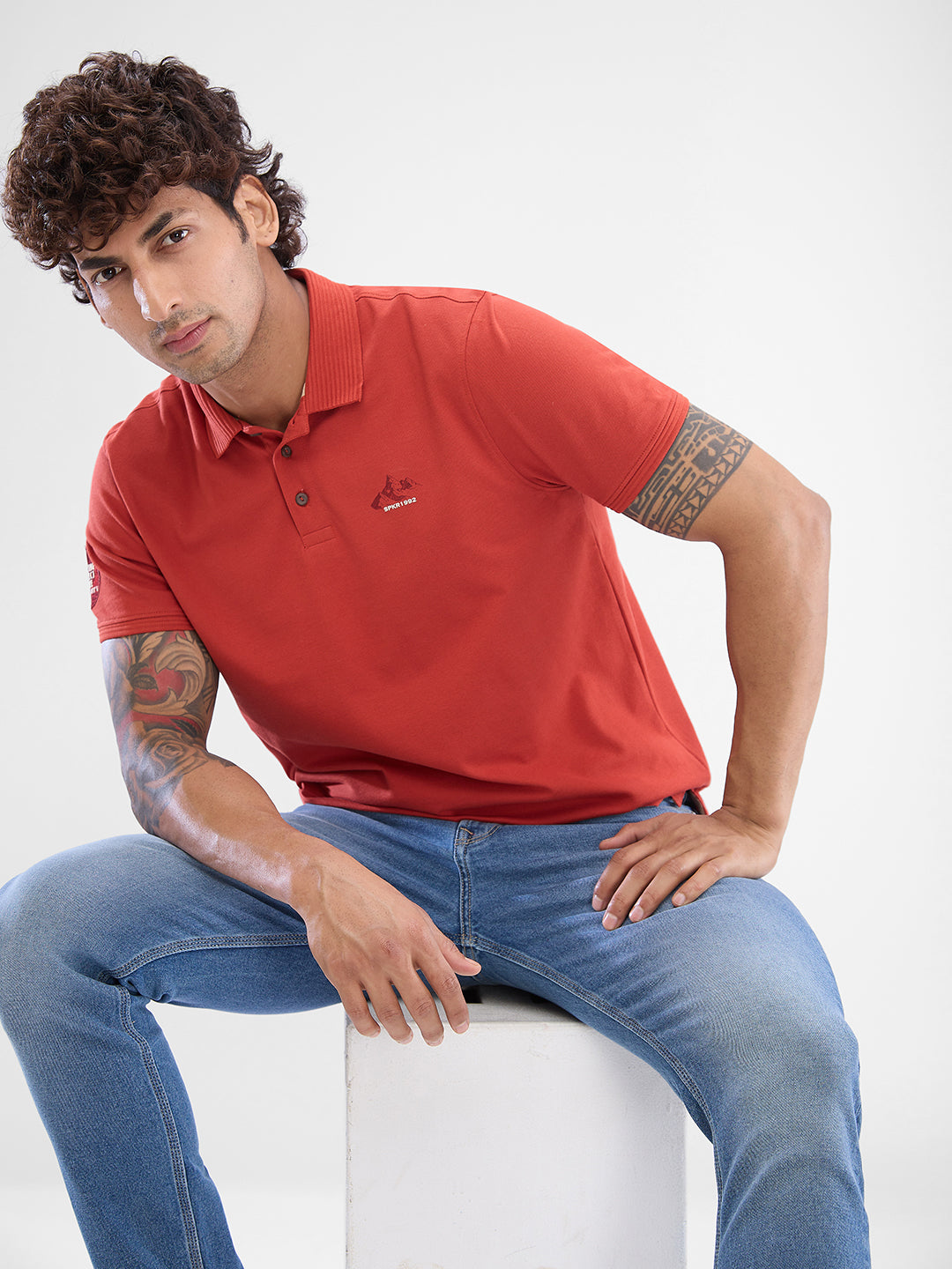 Spykar Burnt Orange Cotton Half Sleeve  Tshirt For Men