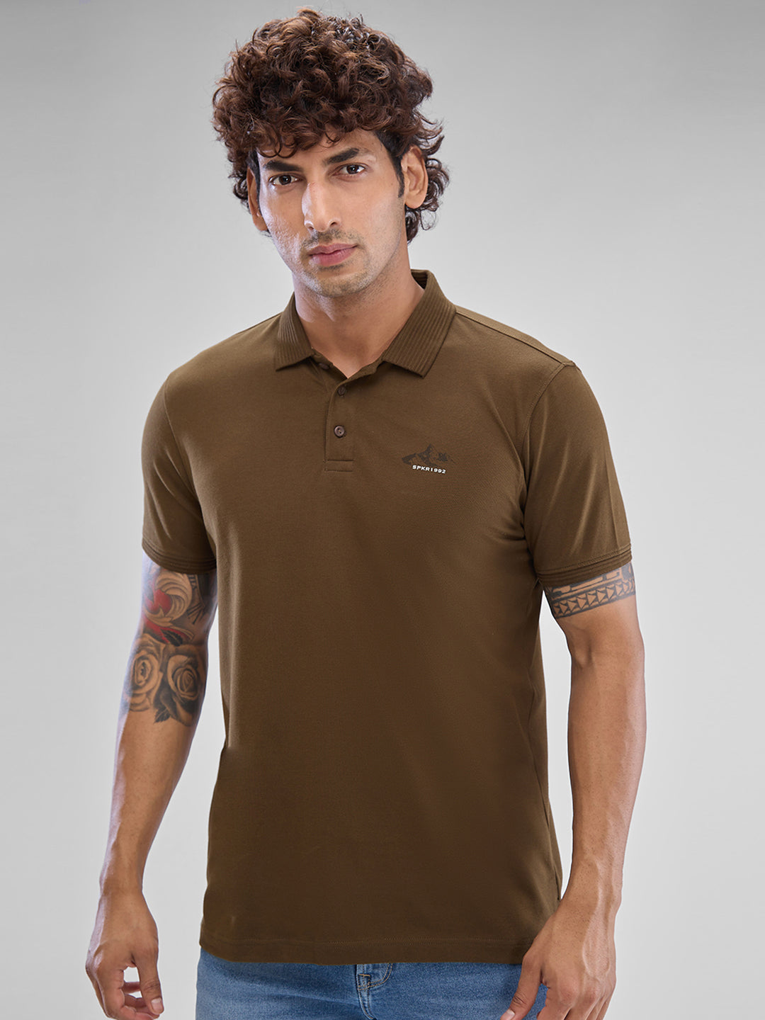 Spykar Military Green Cotton Half Sleeve  Tshirt For Men