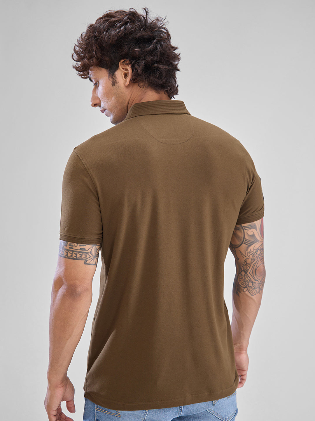 Spykar Military Green Cotton Half Sleeve  Tshirt For Men