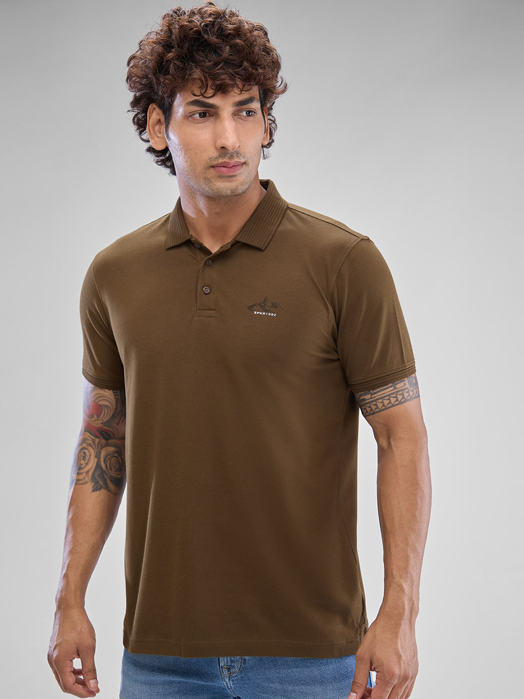 Spykar Military Green Cotton Half Sleeve  Tshirt For Men