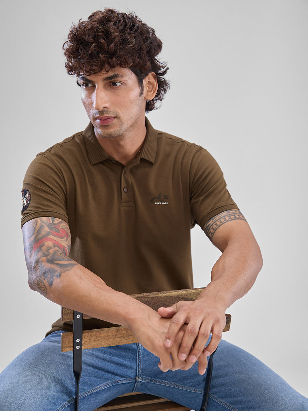 Spykar Military Green Cotton Half Sleeve  Tshirt For Men