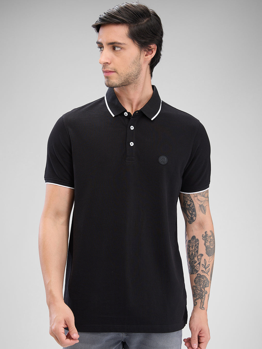 Spykar Black Cotton Half Sleeve  Tshirt For Men