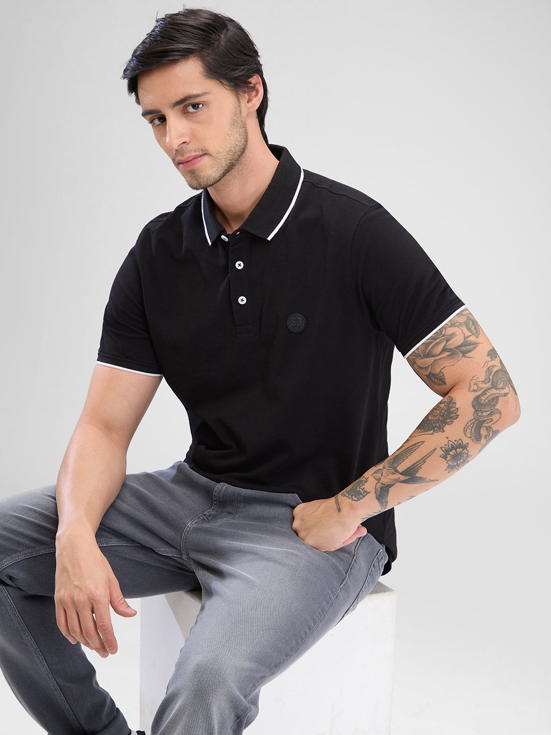 Spykar Black Cotton Half Sleeve  Tshirt For Men