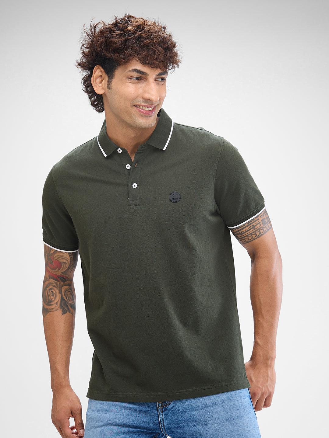 Spykar Rifle Green Cotton Half Sleeve  Tshirt For Men