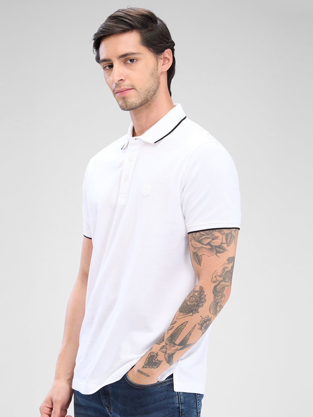 Spykar White Cotton Half Sleeve  Tshirt For Men