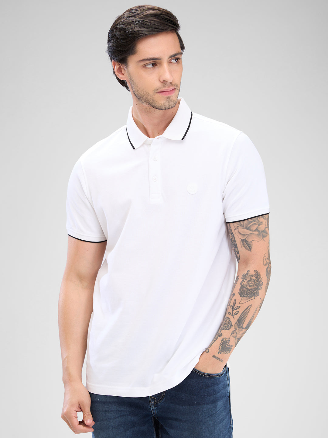 Spykar White Cotton Half Sleeve  Tshirt For Men