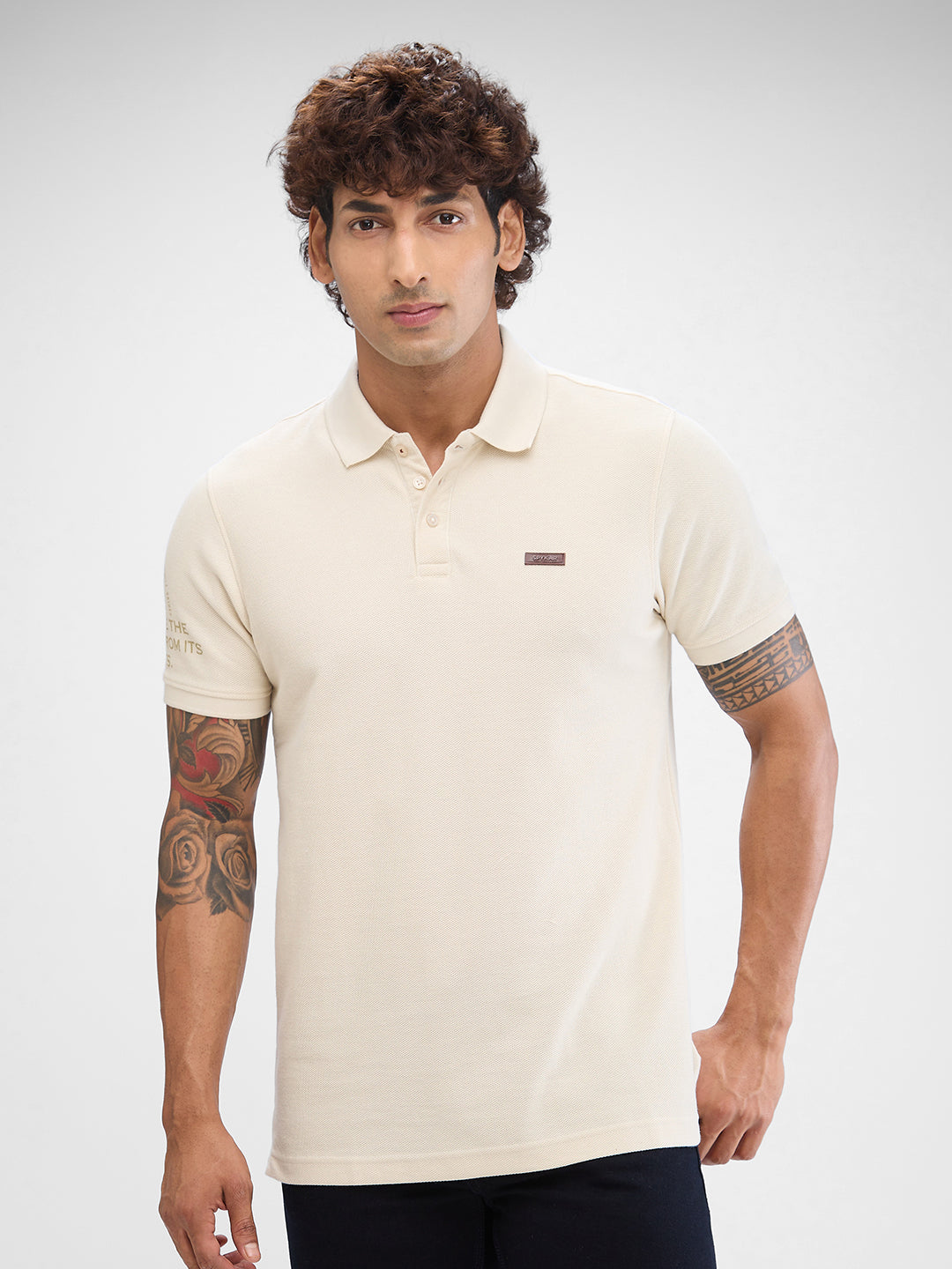 Spykar Cream White Cotton Half Sleeve  Tshirt For Men