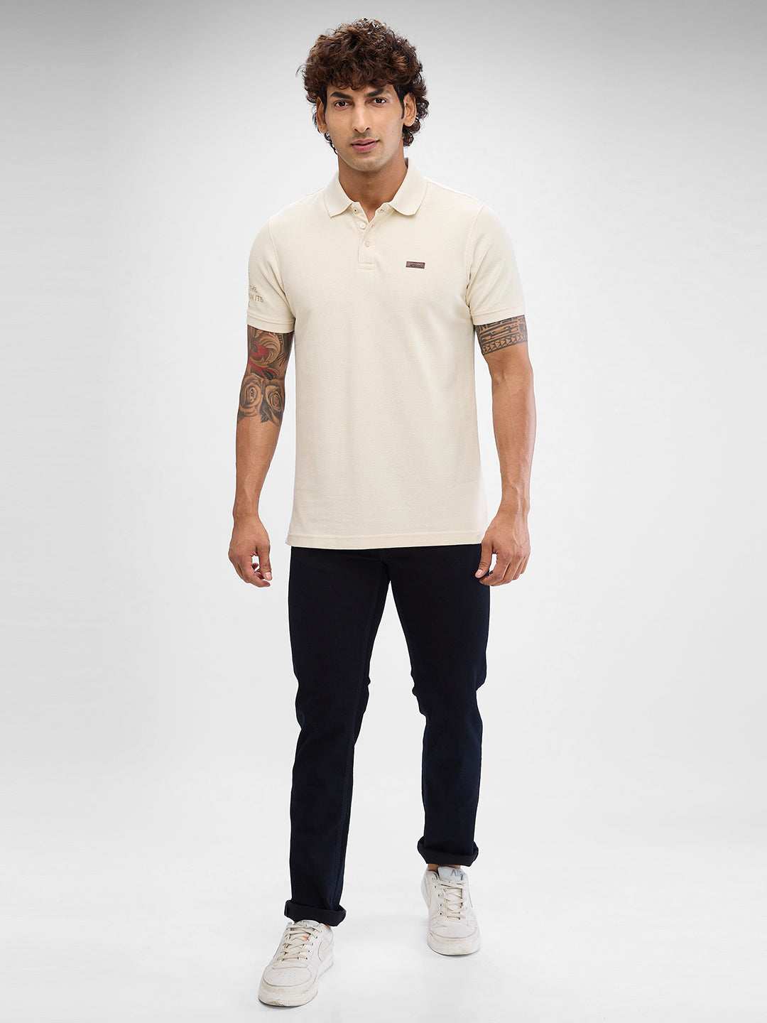 Spykar Cream White Cotton Half Sleeve  Tshirt For Men