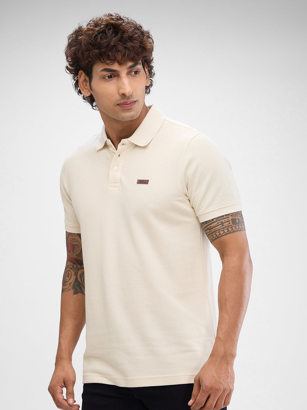 Spykar Cream White Cotton Half Sleeve  Tshirt For Men