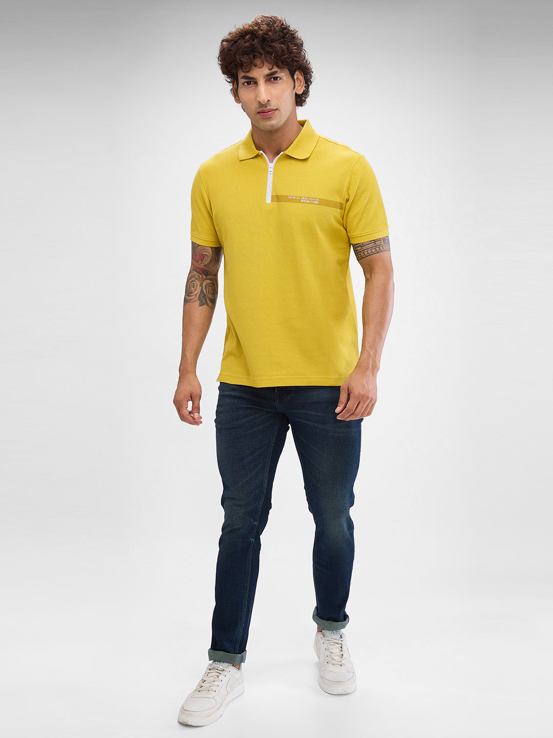 Spykar Sulphur Yellow Cotton Poly Half Sleeve  Tshirt For Men