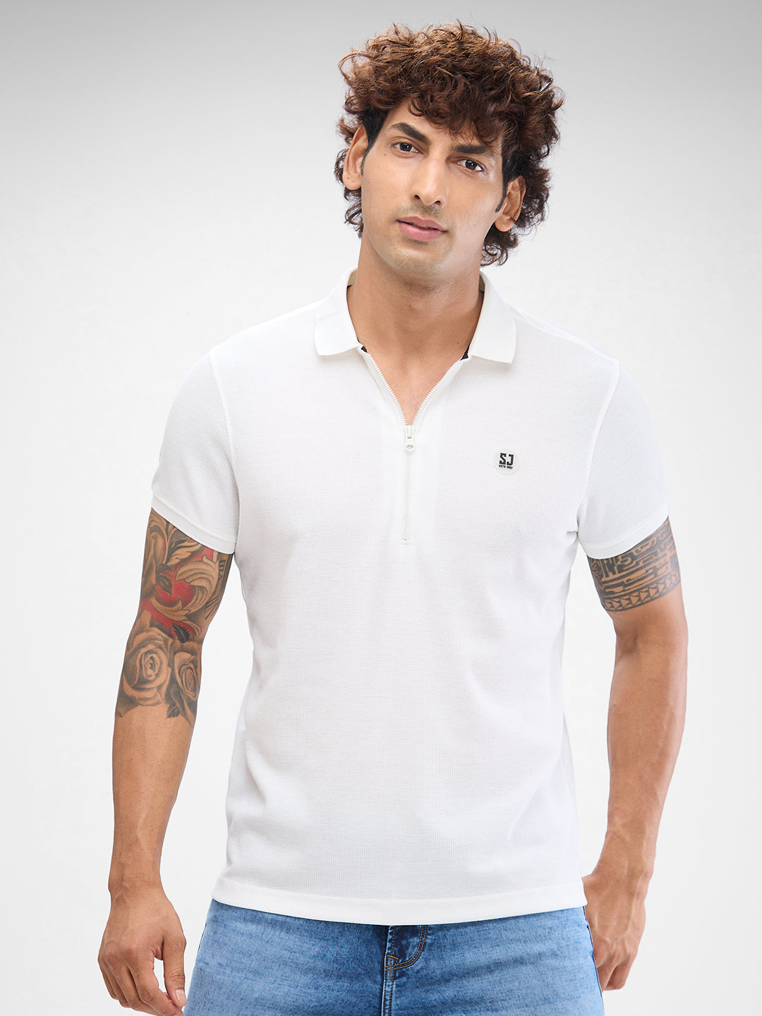 Spykar White Cotton Poly Half Sleeve  Tshirt For Men