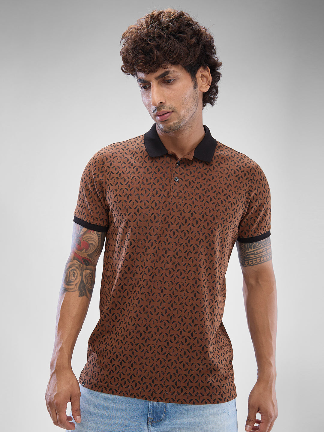 Spykar Bison Brown Cotton Half Sleeve  Tshirt For Men