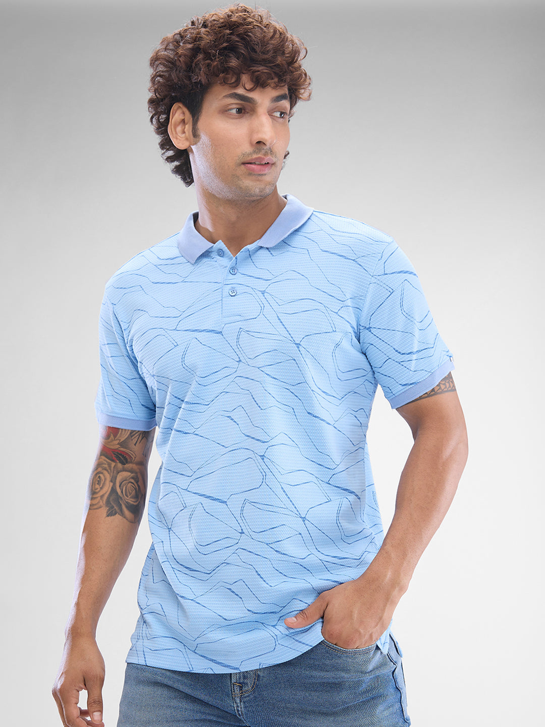 Spykar Powder Blue Cotton Poly Half Sleeve  Tshirt For Men