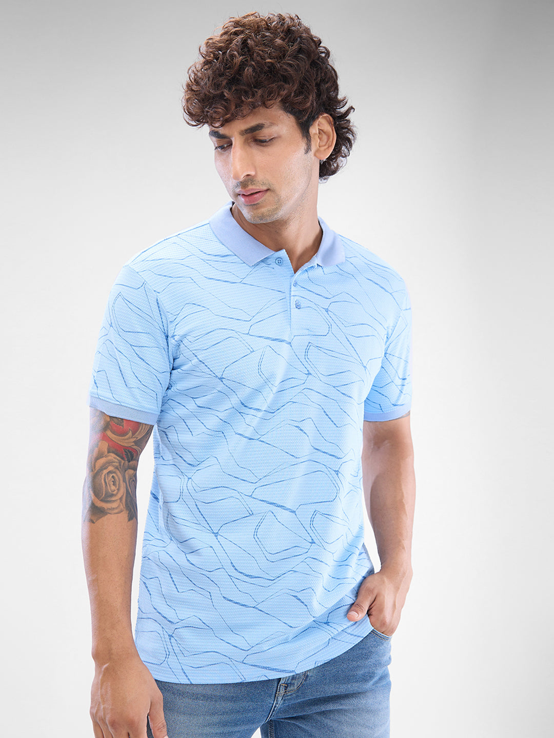 Spykar Powder Blue Cotton Poly Half Sleeve  Tshirt For Men