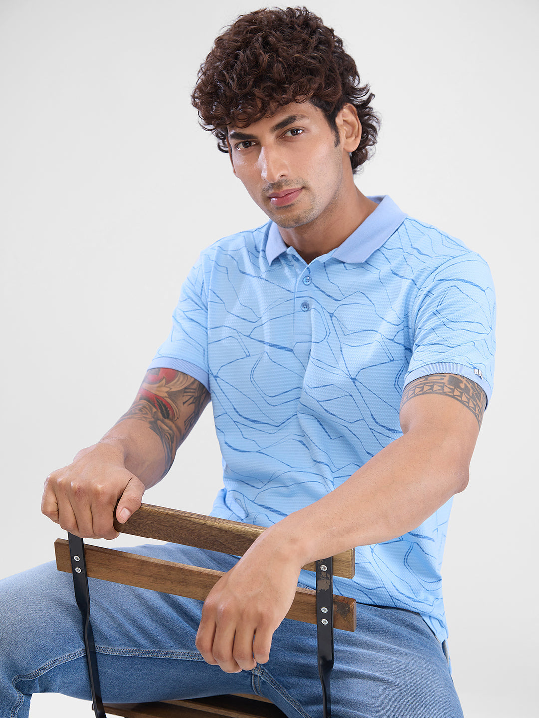 Spykar Powder Blue Cotton Poly Half Sleeve  Tshirt For Men