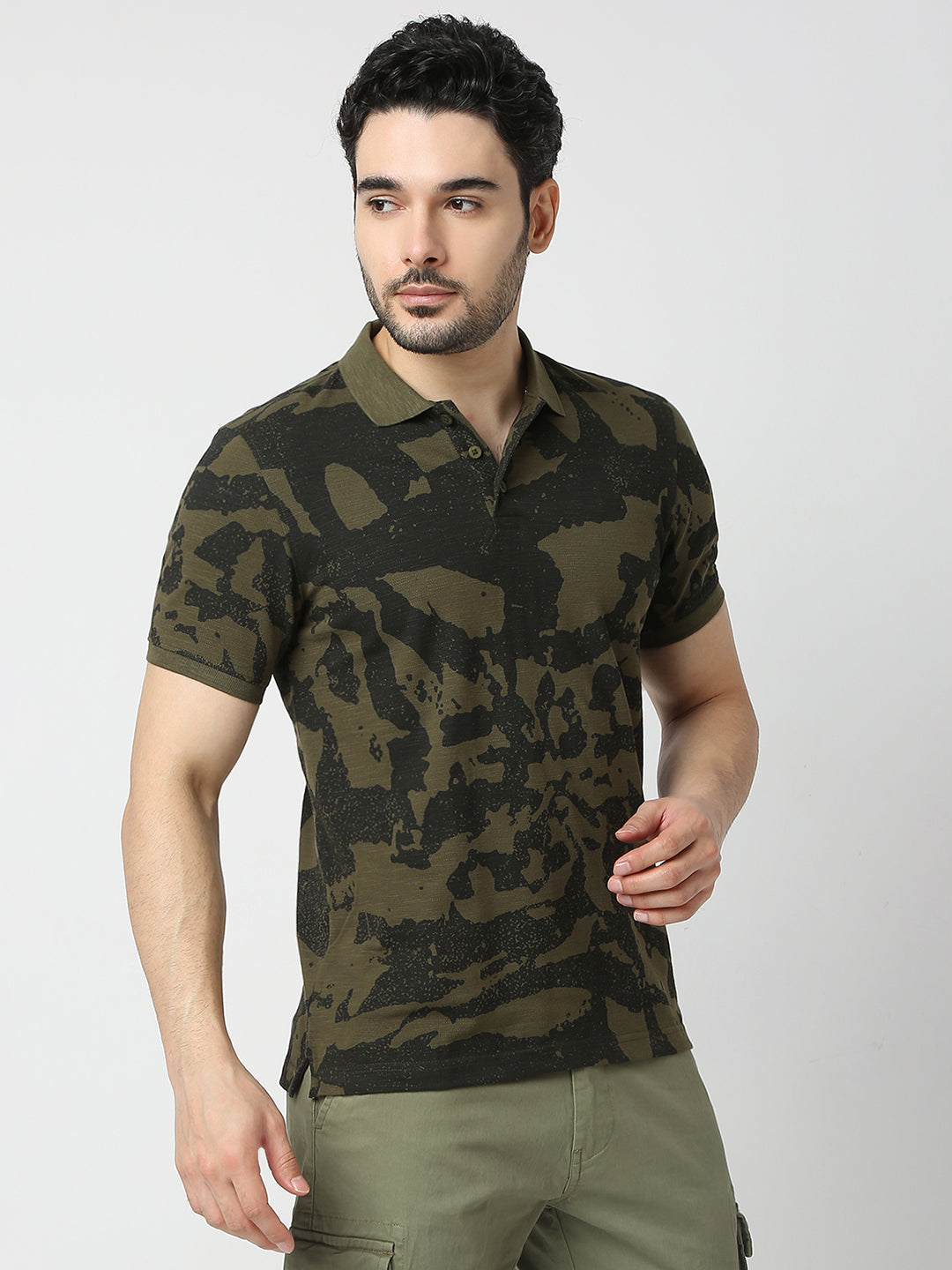 Spykar Military Green Cotton Half Sleeve T-shirt For Men