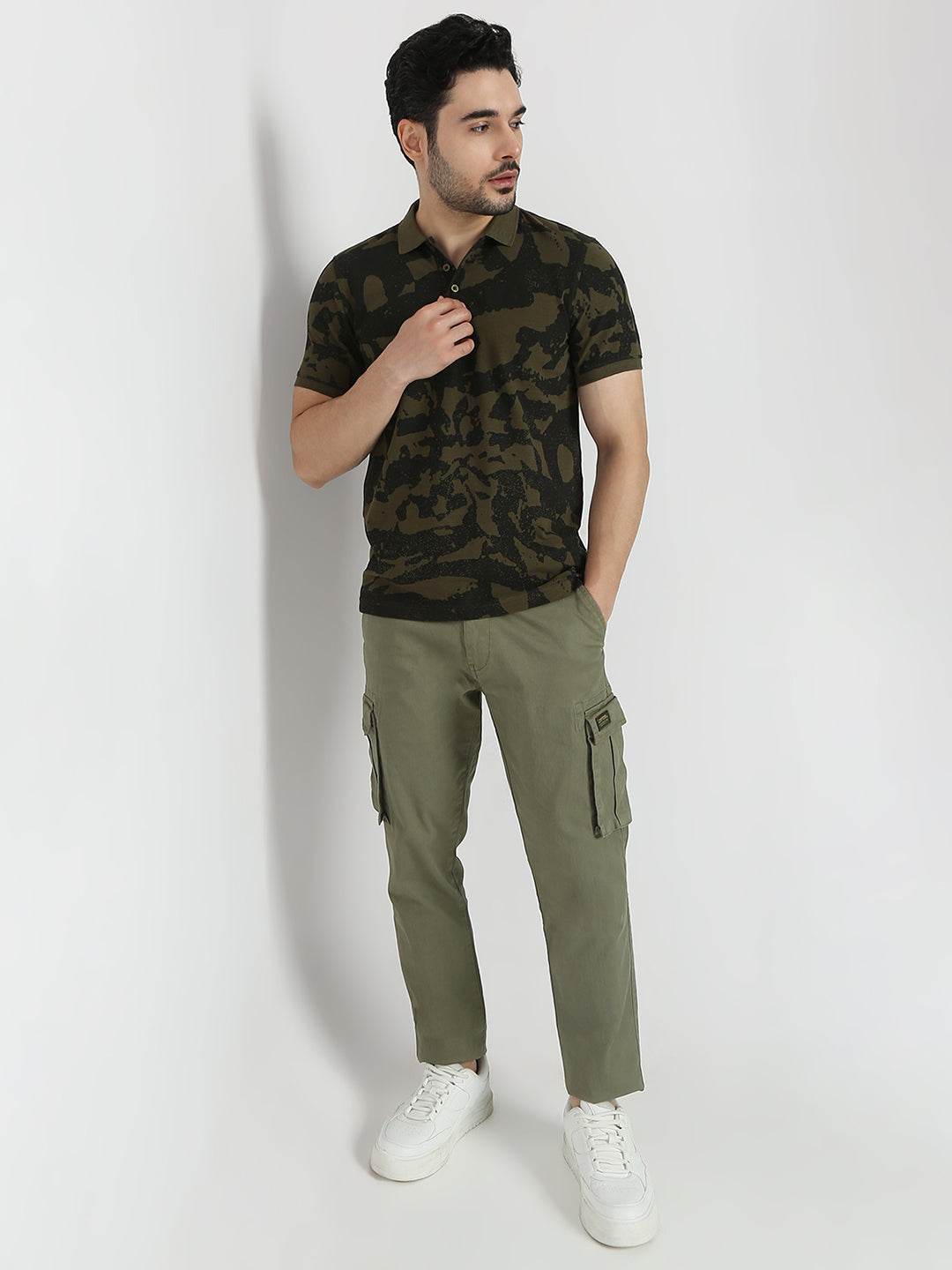 Spykar Military Green Cotton Half Sleeve T-shirt For Men