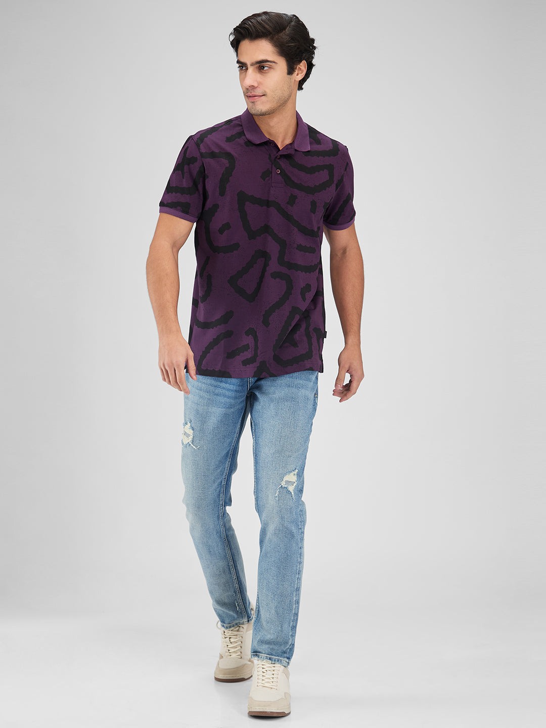 Spykar Men Printed Wine Slim Fit Half Sleeves T-Shirt