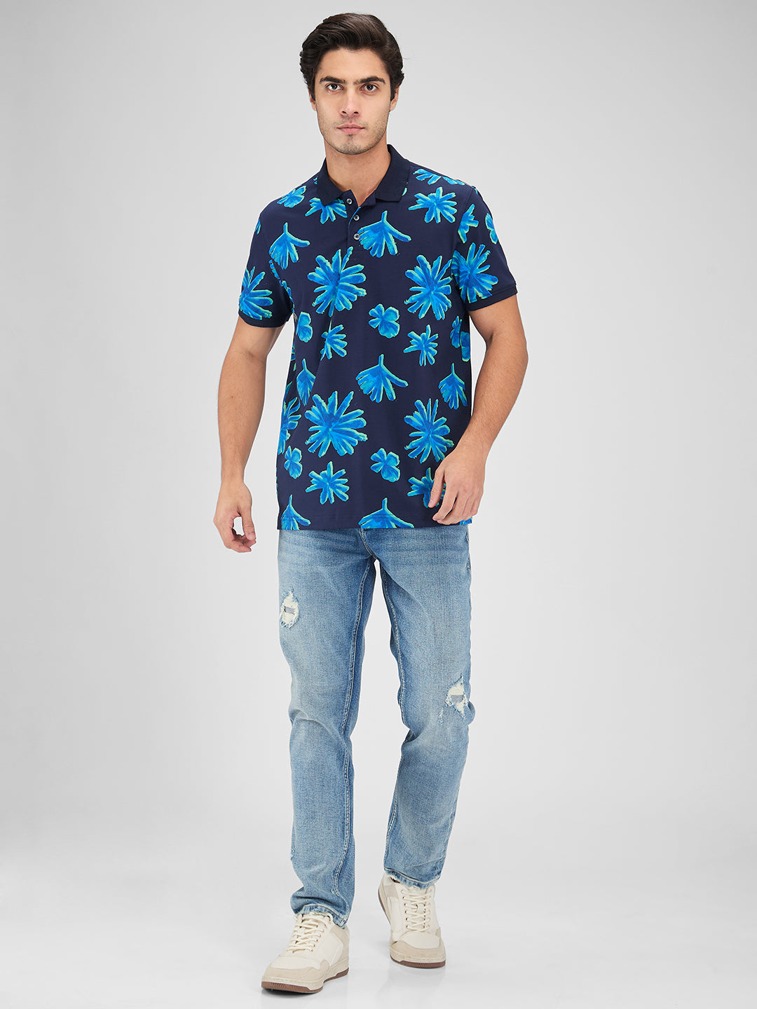 Men Printed Blue Slim Fit Half Sleeves T-Shirt