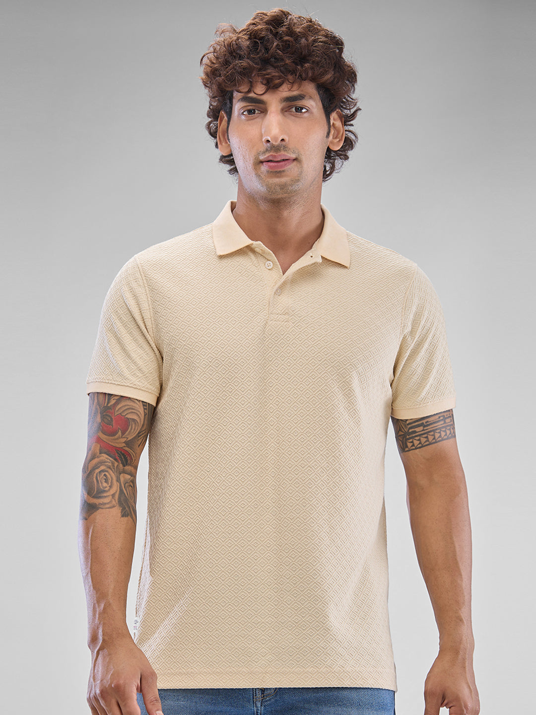 Spykar Cream White Cotton Poly Half Sleeve  Tshirt For Men