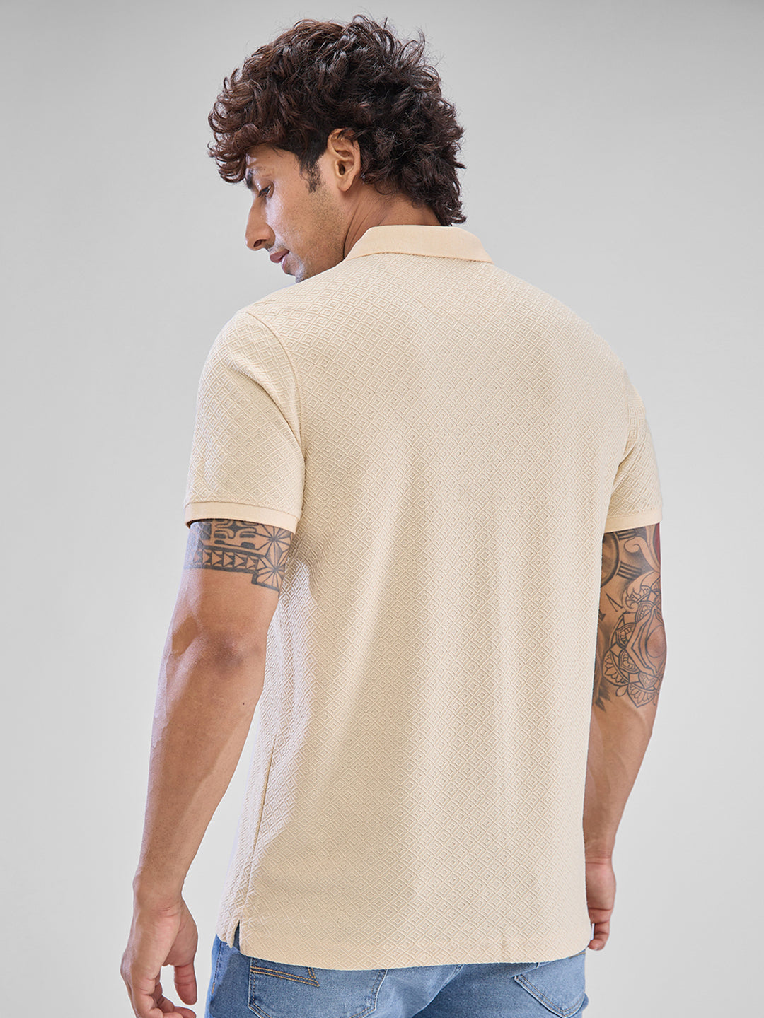 Spykar Cream White Cotton Poly Half Sleeve  Tshirt For Men