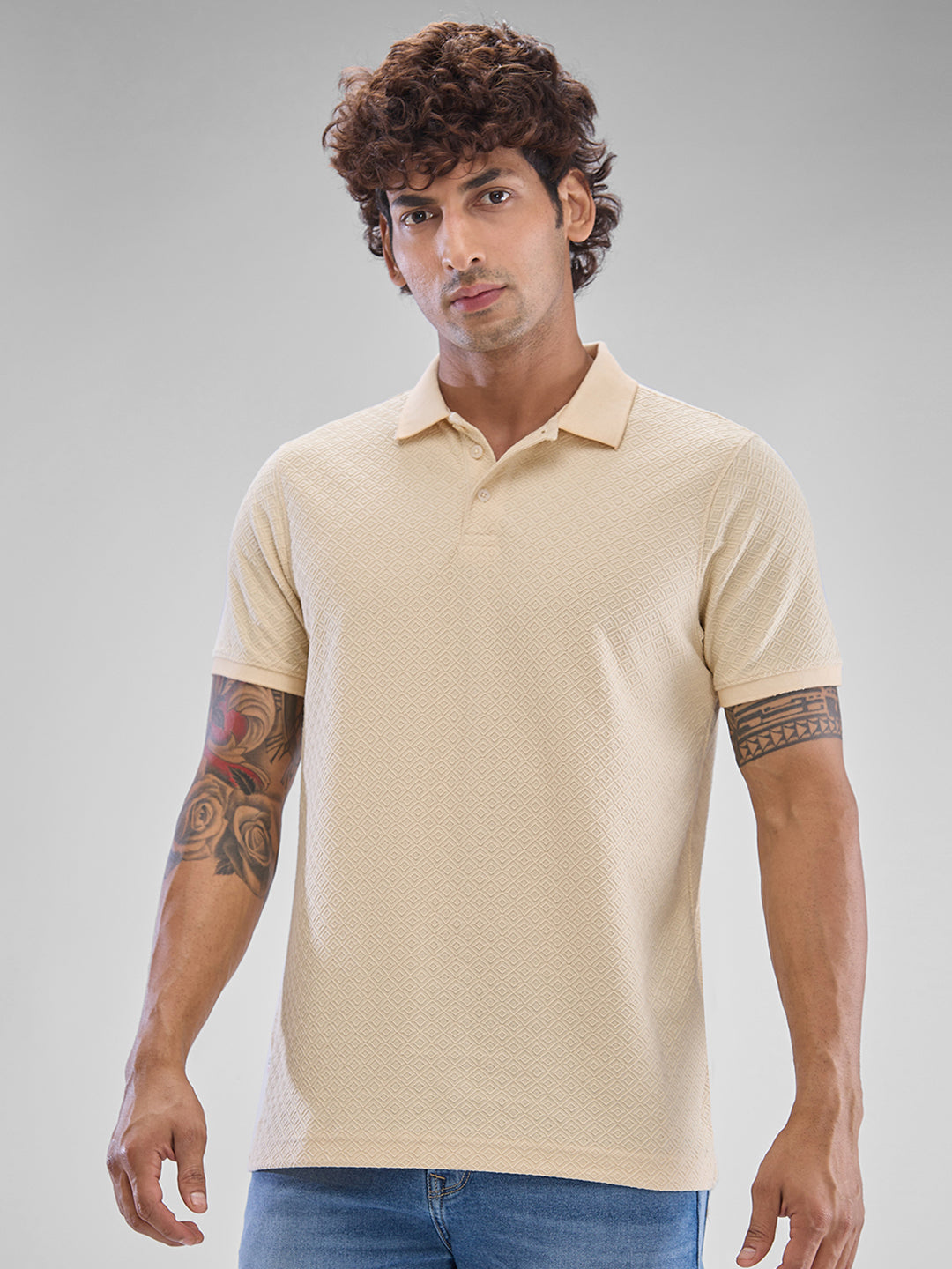 Spykar Cream White Cotton Poly Half Sleeve  Tshirt For Men