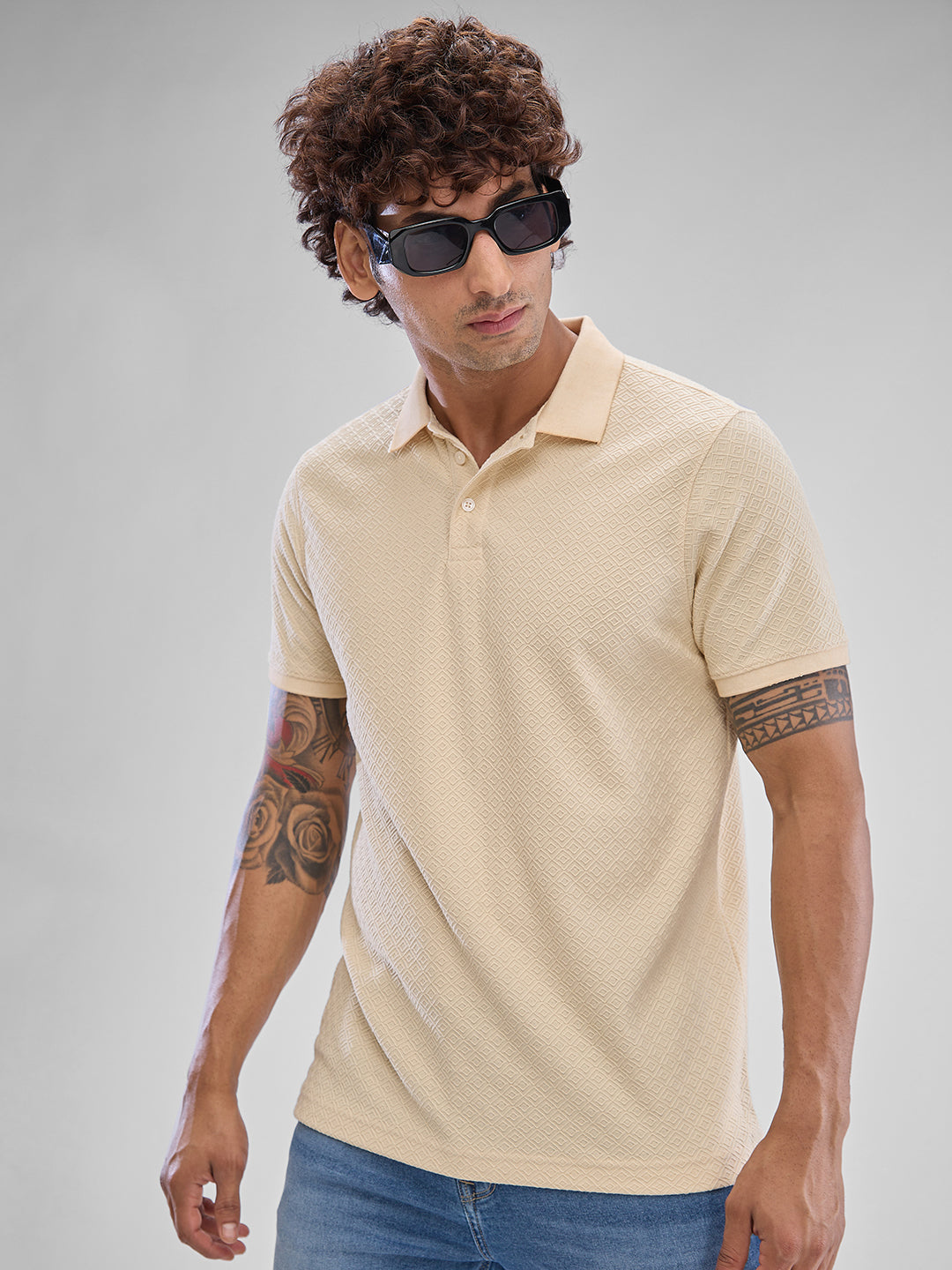 Spykar Cream White Cotton Poly Half Sleeve  Tshirt For Men