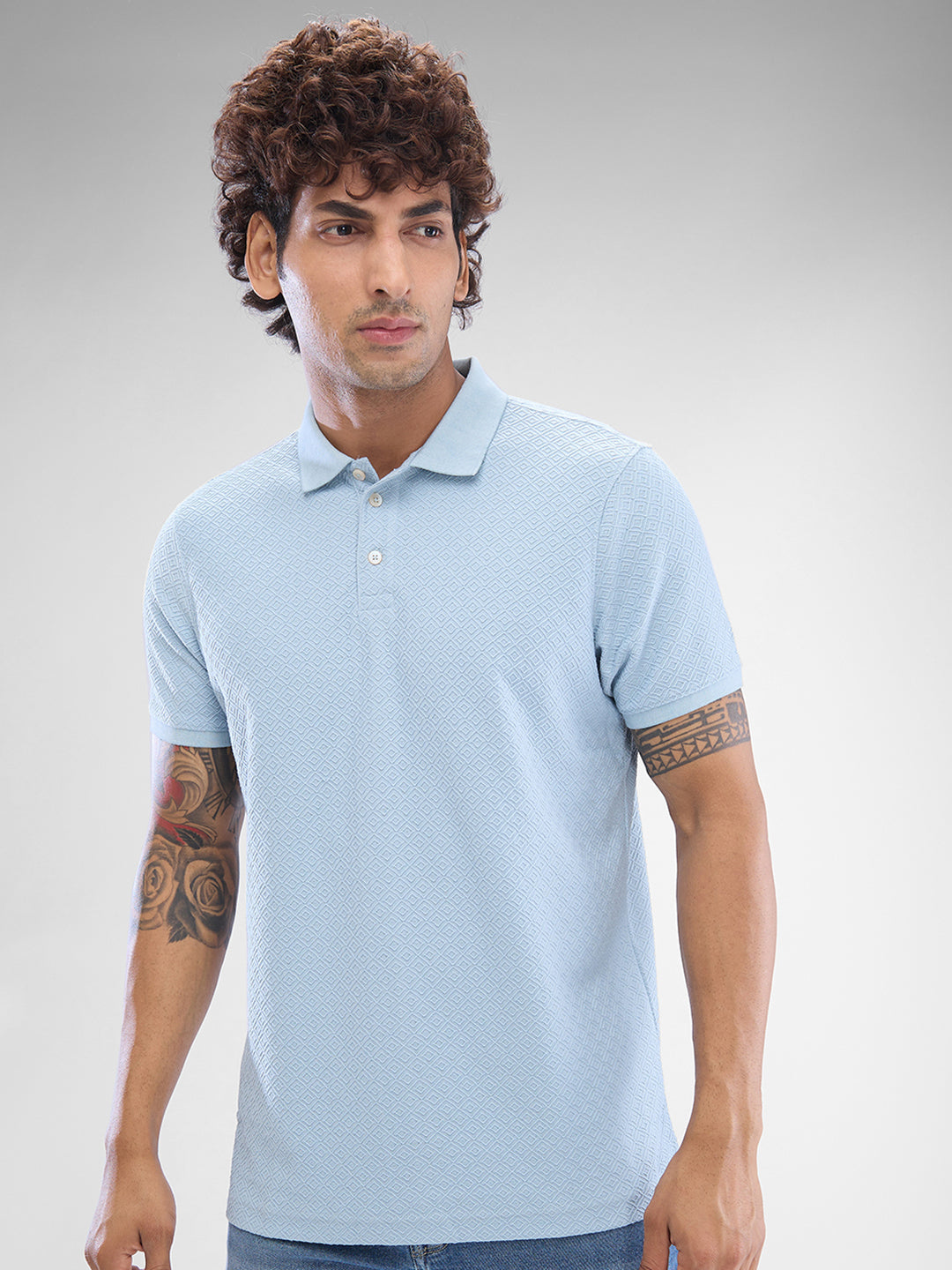 Spykar Dusty Aqua Blue Cotton Poly Half Sleeve  Tshirt For Men