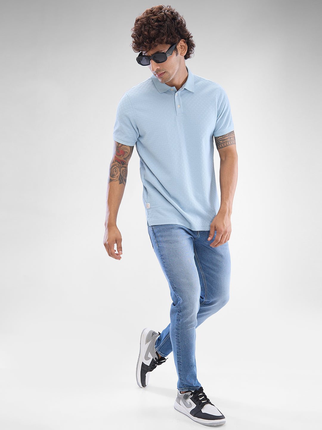 Spykar Dusty Aqua Blue Cotton Poly Half Sleeve  Tshirt For Men